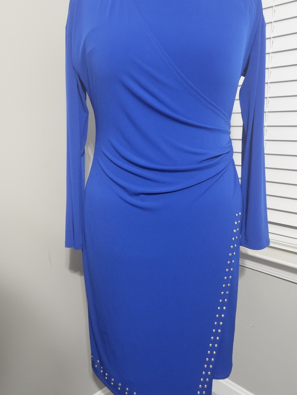 Elegant Blue Long-Sleeve Wrap Dress with Stud Detail - NWT